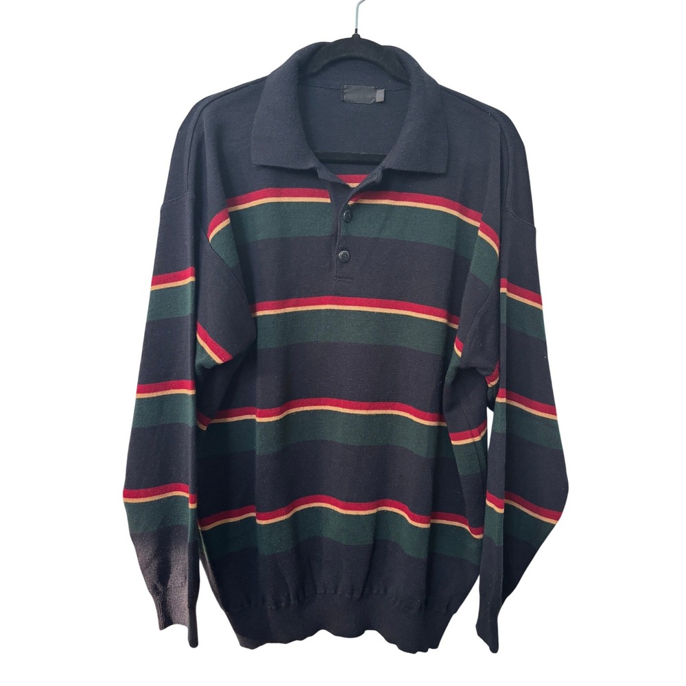 Vintage Teteks Tetovo Striped Knit Polo Sweater Mens Navy Green Red Wool Blend
